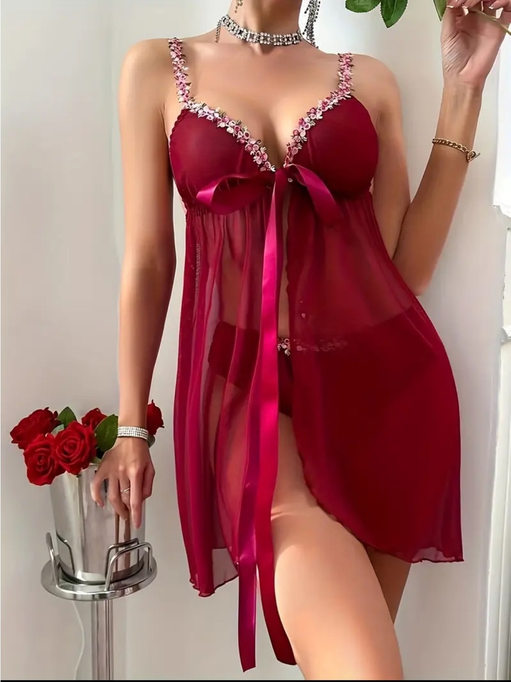 Sheer Floral Trim Red Babydoll Lingerie with Matching Panty Set Size 8/10